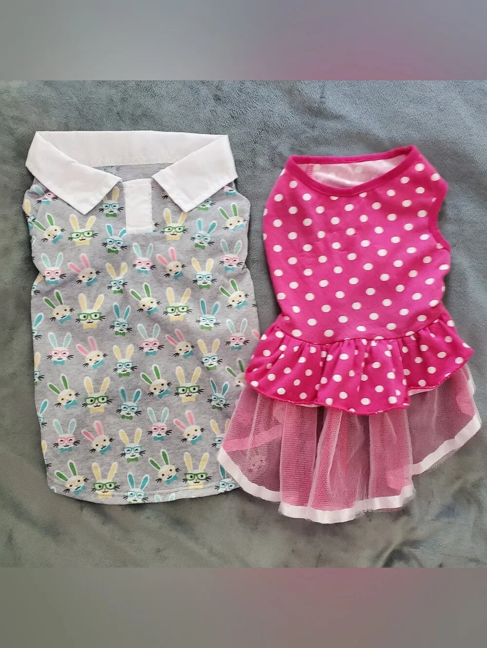 2 Dog DressesSize SmallPink with white polka dots Gray with multicolored bunny